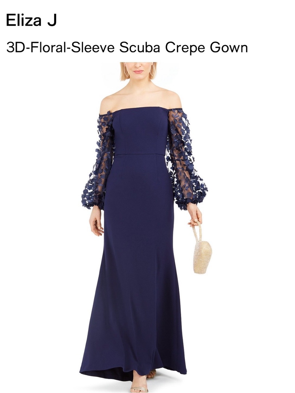 Eliza J Navy Off-Shoulder Gown with Embroidered Sheer Sleeves - Picture 2 of 5